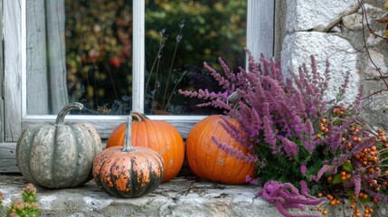 Close up view of pumpkins and lovely heather flowers next to a window