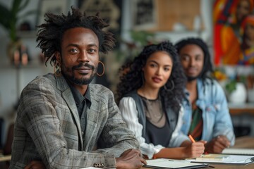 A group of diverse designers brainstorming in a relaxed setting