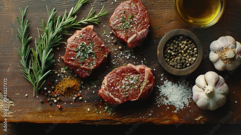 Sticker Seasoned herbs and spices on a cutting board with beef steaks