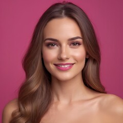 Obraz premium Pretty european beauty woman long hair with makeup glowing face and healthy facial skin portrait smile on isolated light fuchsia background