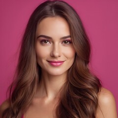 Fototapeta premium Pretty european beauty woman long hair with makeup glowing face and healthy facial skin portrait smile on isolated light fuchsia background