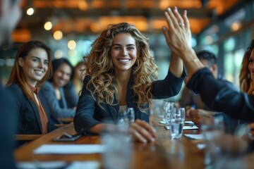 A businesswoman gives a high five to a colleague during a meeting in a restaurant