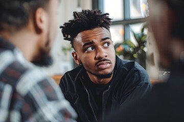 Obraz premium A man with dreadlocks is looking at two other men. Scene is serious and contemplative