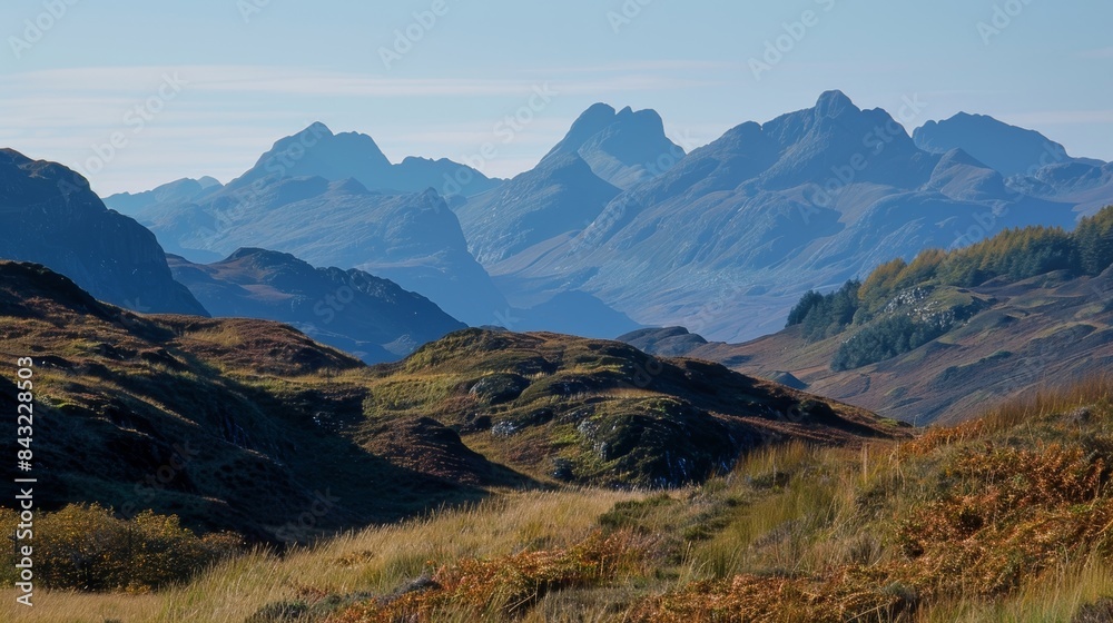 Wall mural the sharp contrast between the jagged peaks of a mountain range and the elegant curves of nearby dru
