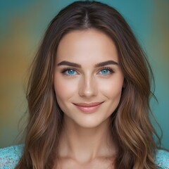 Fototapeta premium Pretty european beauty woman long hair with makeup glowing face and healthy facial skin portrait smile on isolated light blue background