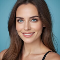 Obraz premium Pretty european beauty woman long hair with makeup glowing face and healthy facial skin portrait smile on isolated light blue background