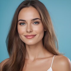 Obraz premium Pretty european beauty woman long hair with makeup glowing face and healthy facial skin portrait smile on isolated light blue background