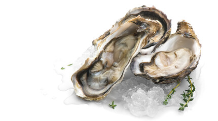 Fresh Oysters on ice close-up. Open oysters isolated on white background. Healthy sea food. French Oyster dinner in restaurant. Seafood, Gourmet food. Macro shot