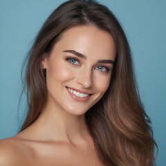 Obraz premium Pretty european beauty woman long hair with makeup glowing face and healthy facial skin portrait smile on isolated light blue background