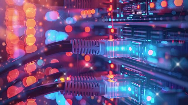 Close up of network cables with a fiber optical background, technology and futuristic concept. Safer internet day.