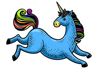 Unicorn cartoon legendary creature color sketch engraving PNG illustration. T-shirt apparel print design. Scratch board imitation. Black and white hand drawn image.