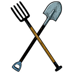 Crossed farm pitchfork and shovel color sketch engraving PNG illustration. T-shirt apparel print design. Scratch board imitation. Black and white hand drawn image.