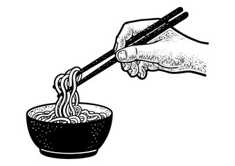 Chinese noodles are eaten with chopsticks sketch engraving PNG illustration. T-shirt apparel print design. Scratch board imitation. Black and white hand drawn image.