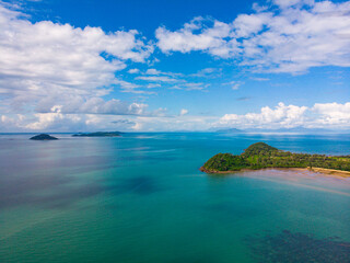 aerial drone panorama of beautiful south mission beach, turtle bay, lugger bay, and surrounding islands in tropical north queensland, australia; paradise beaches on the shore of pacific	