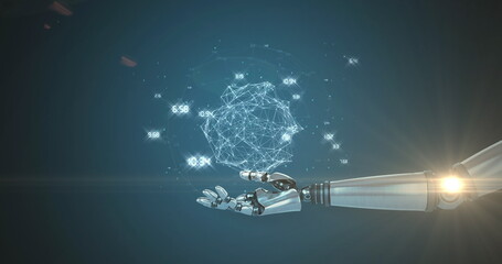 Network of connections over robotic hand against spot of light and copy space on blue background