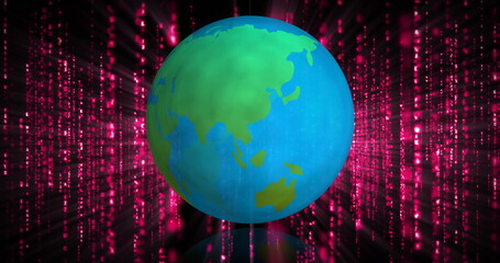 Image of globe and shapes over data processing on black background, copy space