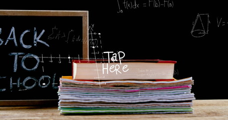 Image of school items and tap here text over board, copy space
