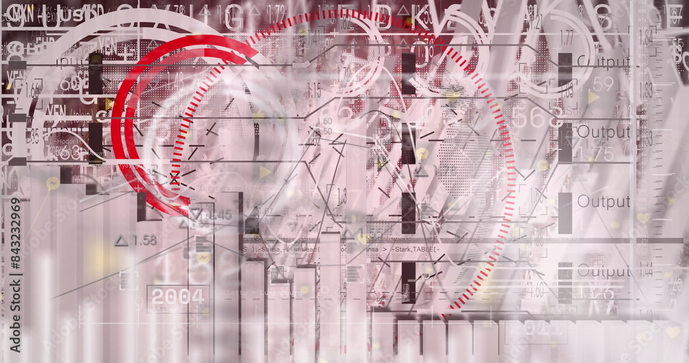 Aufkleber image of interface with data processing against red background