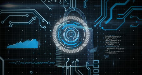 Image of online security padlock, data processing, scope scanning and computer circuit board