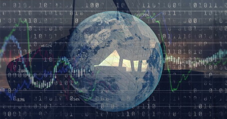 Image of financial data processing and globe over oil pump