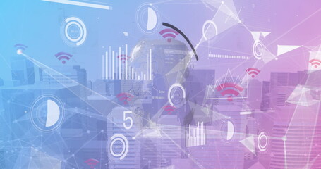 Image of plexus networks and interface with data processing against tall buildings