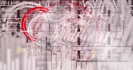 Image of interface with data processing against red background