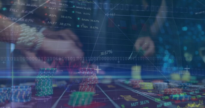 Image of financial data processing and globe over diverse people in casino