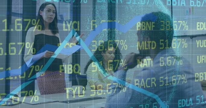 Image of stock market data processing over biracial woman talking to her colleagues at office