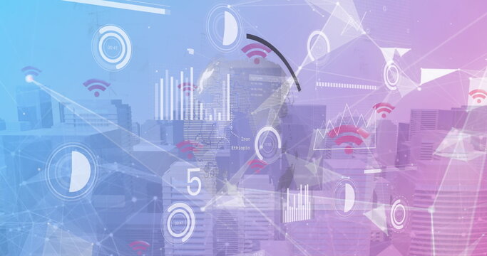 Image of plexus networks and interface with data processing against tall buildings