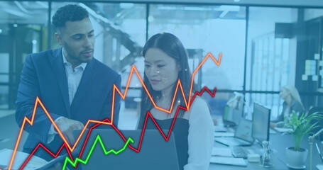 Image of 6g text, lines, statistics and data processing over diverse business people