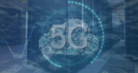 Image of 5g text over round scanner and cloud icons against computer server room