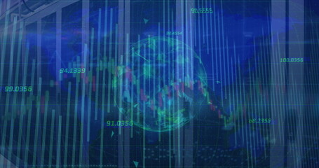 Image of globe with numbers, lines and graphs moving over data server racks