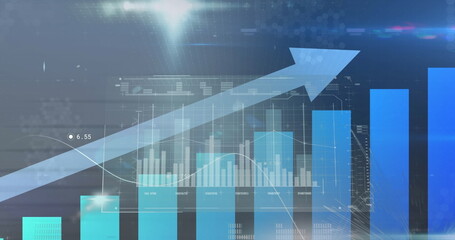 Image of statistical data processing and light spots against blue background