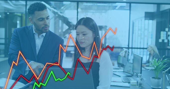 Image of 6g text, lines, statistics and data processing over diverse business people