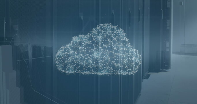 Image of connected dots forming cloud and graphs over data server racks - Powered by Adobe