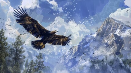 Fototapeta premium Eagle flying over mountains for adventure or freedom themed designs