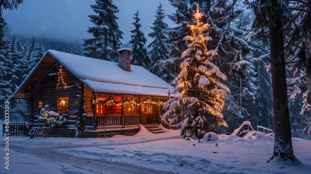 Wall mural charming christmas cabin in lovely winter evening