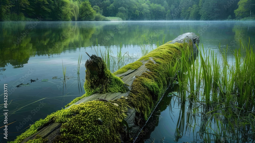 Sticker a moss covered log at the water s edge of a lake