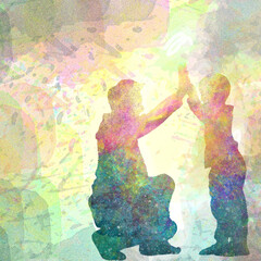 Fototapeta premium feliz día papá, padre e hijo de la mano, fondo artístico de acuarela, splash de pintura variopinto, hermoso, con espacio, web, redes, digital, titulo, portada,