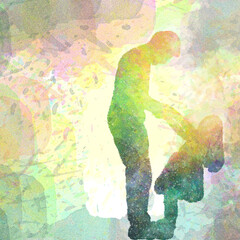 plantilla por el dia del padre, feliz día papá, padre e  hija de la mano, fondo artístico de acuarela, splash de pintura variopinto, hermoso, con espacio, web, redes, digital, titulo, portada,