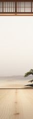 Minimalist and serene, this image features a single bonsai tree in a vast desert landscape, with a wooden floor in the foreground and a???? in the background, evoking a sense of Zen and tranquility.
