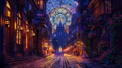 Enchanted medieval street with stained glass windows for fantasy or vintage designs