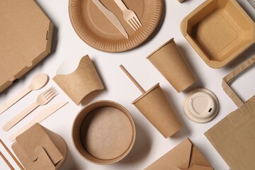 Flat lay composition with eco friendly food packagings on white background