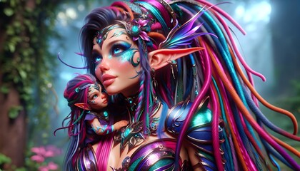 Naklejka premium Ilustración 3D cuento de hadas, hada/elfi, hada, elfi, elfa, elfo, día de la madre, mujer guerrera, de película, para niños, infantil