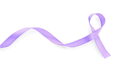 Violet awareness ribbon isolated on white, top view