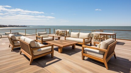 Naklejka premium Luxury outdoor furniture on a rooftop deck with a beautiful ocean view