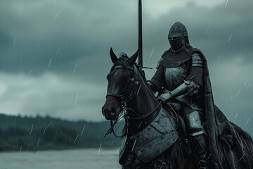 Fototapeta premium medieval knight rides on horseback in gloomy weather