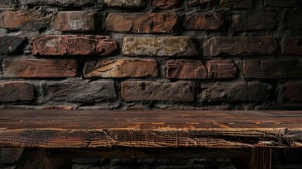 Old wooden table with brick background dark, generative ai