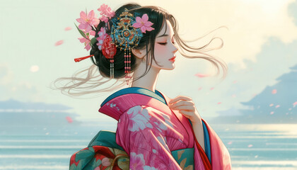 Fototapeta premium 日本画（Japanese painting）／美人画 美女 着物 anime イラスト 桜