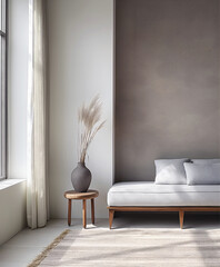 Aesthetic elegant minimalist interior design. Concrete effect paint in the room. Decorative stucco on the walls. Copy space. Clean apartment for decoration. Japandi, scandi style. Neutral colors.